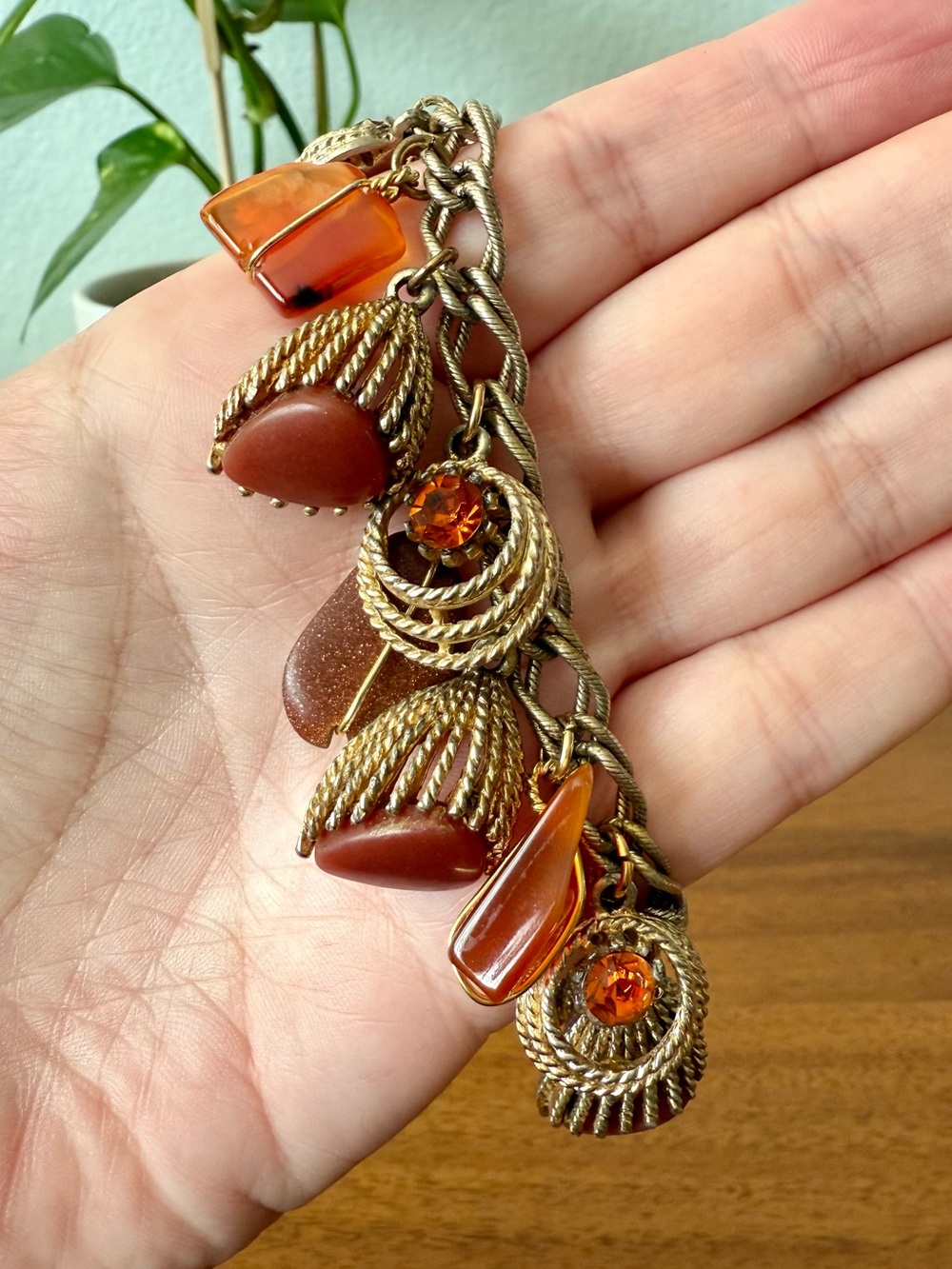 Vintage MCM Dangling Charm Bracelet Chunky Orange Rhinestones Goldstone 60’s